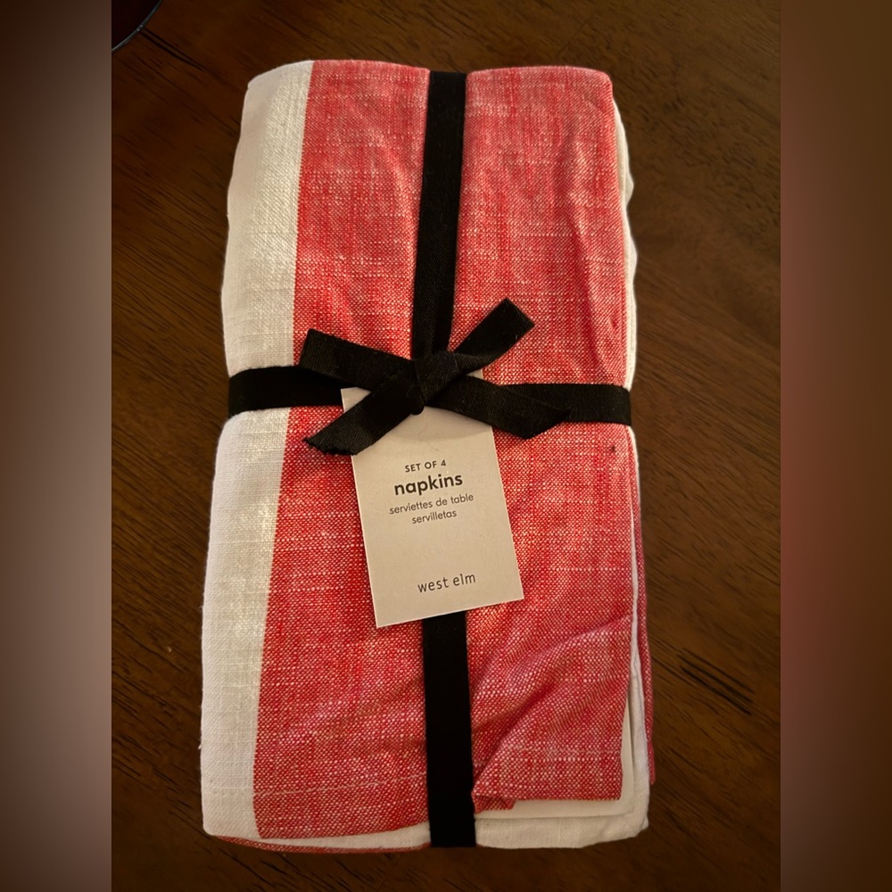 West Elm Red stripe White Cotton Dinner Napkins Square Set of 4 20x20